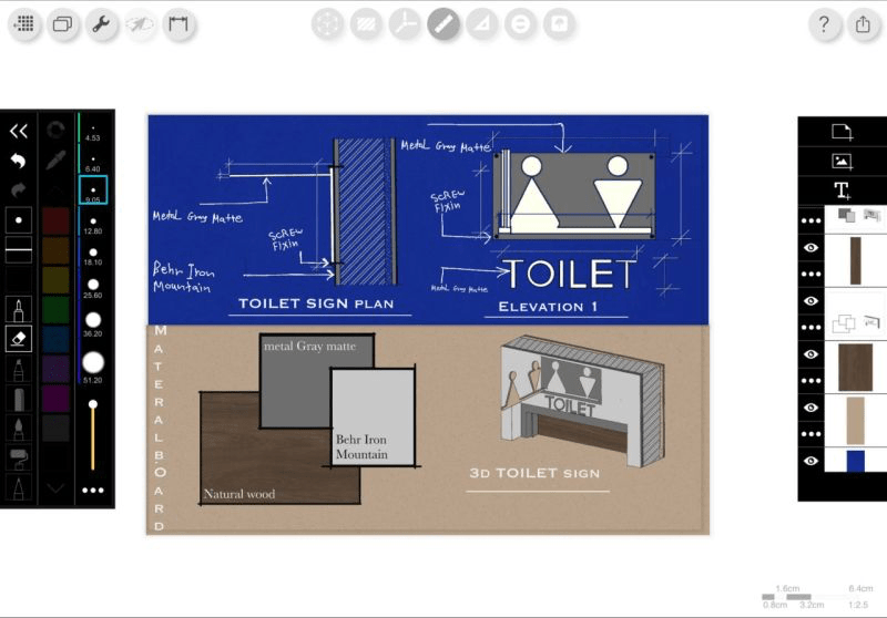Design of a toilet signboard showcasing elevation view, sectional 3D model, material board, and detailed technical drawing for construction precision
