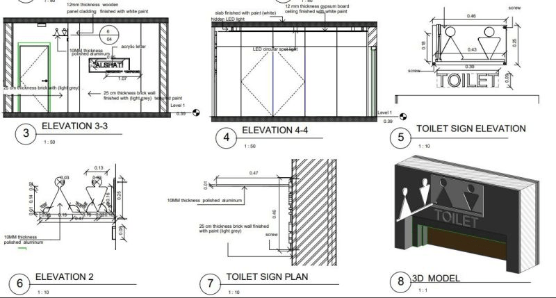 Design of a toilet signboard showcasing elevation view, sectional 3D model, material board, and detailed technical drawing for construction precision