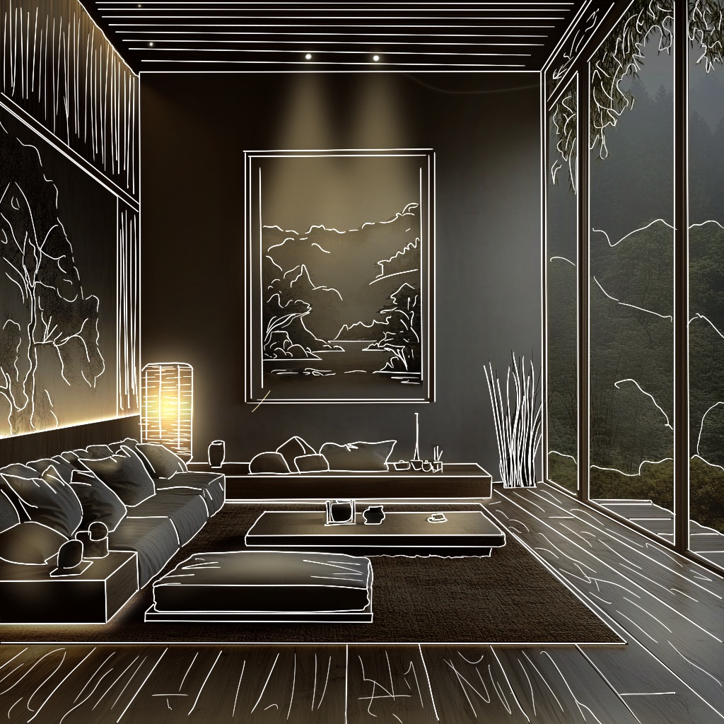 Japanese-style living area , downlights gently illuminate the artwork , creating a soft, ambient glow that highlights architectural details and adds a touch of magic to the room. lighting in minimalist or serene spaces