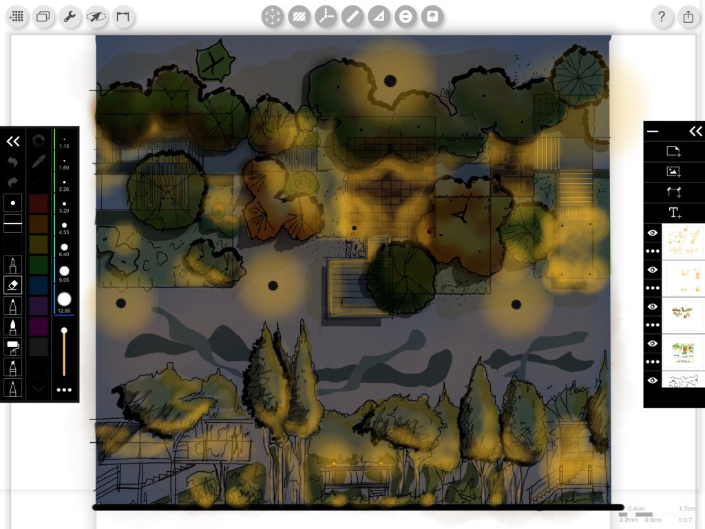 Landscape lighting concept sketch with a plan above and perspective below, showing warm light around paths, steps, seating and selected trees against darker planting