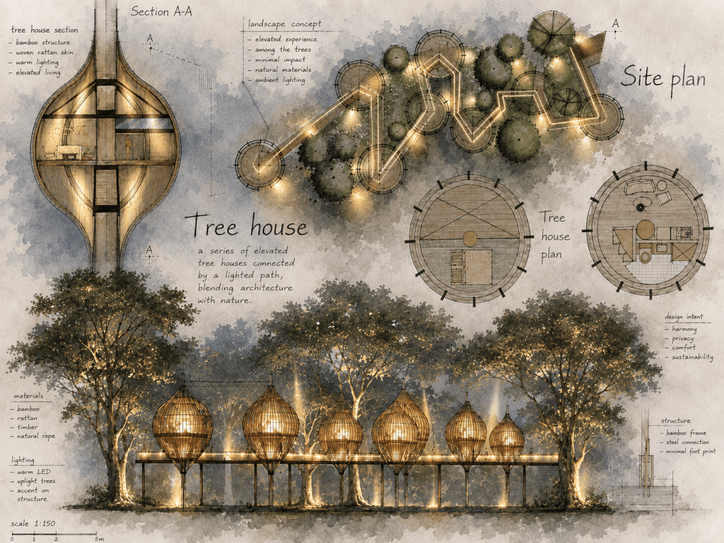 Treehouse design concept showing a bamboo and rattan section, site and floor plans, and warmly illuminated elevated houses connected by a walkway among trees.