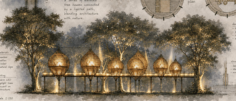 Close-up of glowing woven treehouses connected by an illuminated walkway among forest trees.